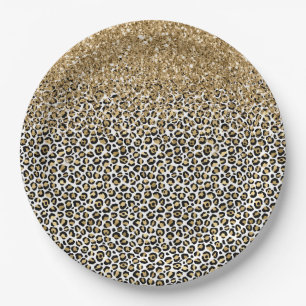 Gold Glam Black Leopard Print Glitter Sparkle Paper Plate