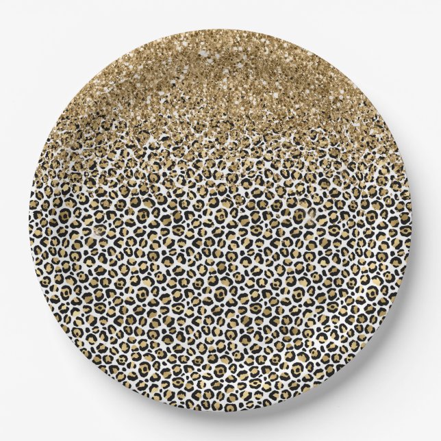 Gold Glam Black Leopard Print Glitter Sparkle Paper Plate (Front)