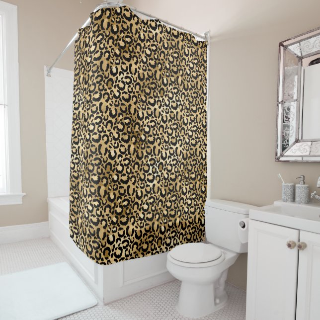 Gold Glam Black Leopard Print Shower Curtain (In Situ)