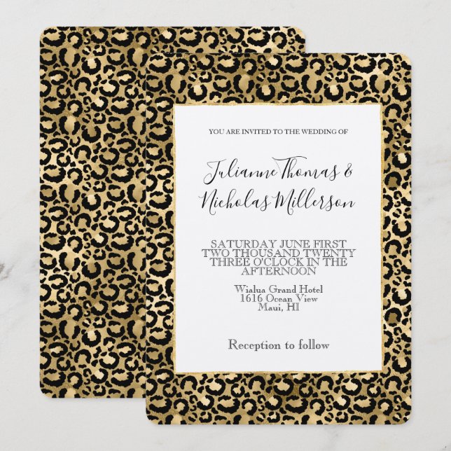 Gold Glam Black Leopard Print Wedding Invitation (Front/Back)