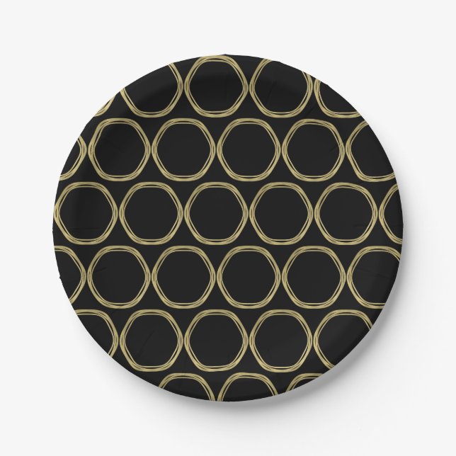 Gold Glam & Black Rings (Any Colour) Modern Glam Paper Plate (Front)