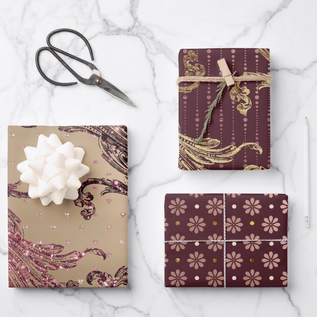 Gold Glam Burgundy Dots Wrapping Paper Sheet (Front)