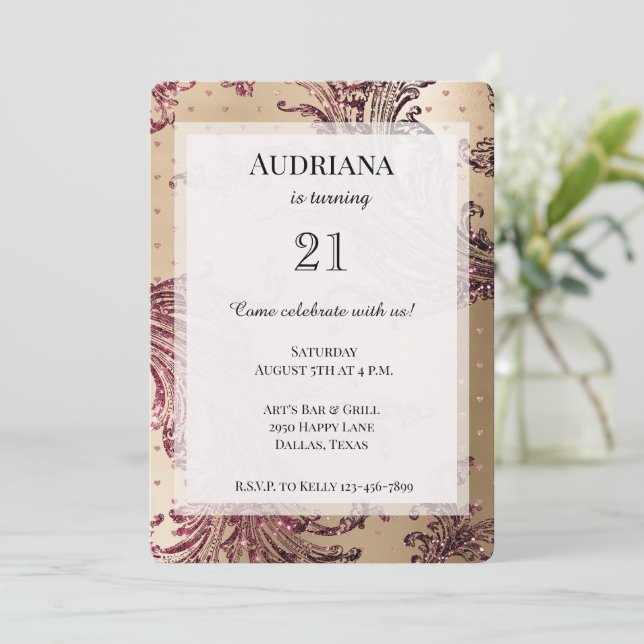 Gold Glam Burgundy Hearts Birthday Invitation (Standing Front)