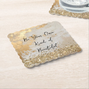 Gold Glam Cream White Glitter Confetti Paper Coaster