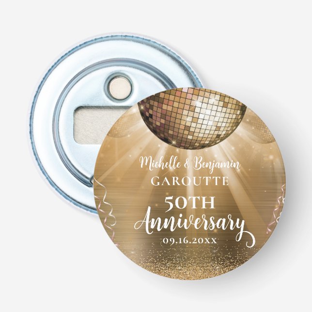 Gold Glam Disco Ball 50th Wedding Anniversary Bottle Opener (Front)