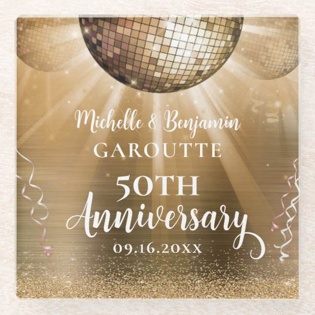 Gold Glam Disco Ball 50th Wedding Anniversary Glass Coaster (Front)