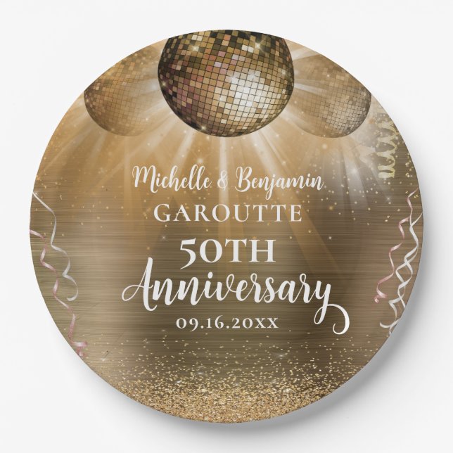 Gold Glam Disco Ball 50th Wedding Anniversary Paper Plate (Front)