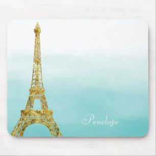 Gold Glam Eiffel Tower Aqua Ombre Watercolor Mouse Mat