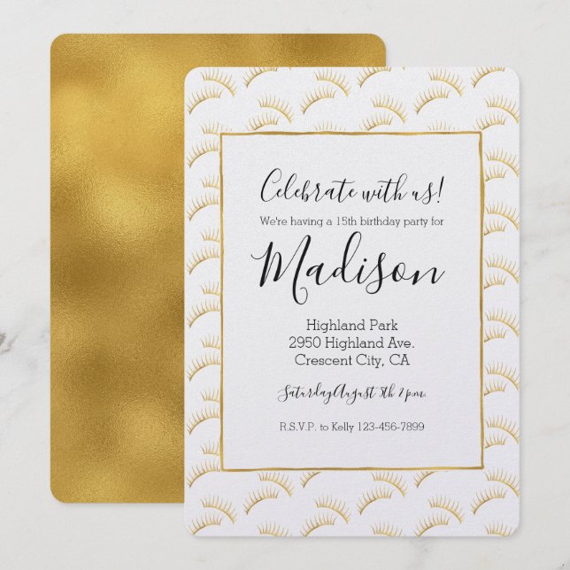 Gold Glam Eyelashes Birthday Invitation (Front/Back)