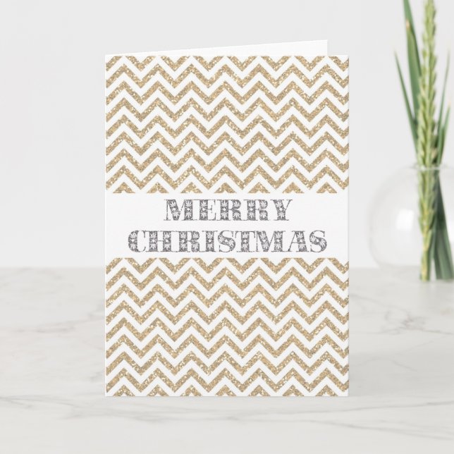 Gold Glam Faux Glitter Chevron Holiday Card (Front)
