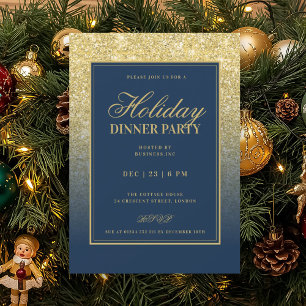 Gold Glam FAUX Glitter Holiday Dinner Navy Blue  Invitation
