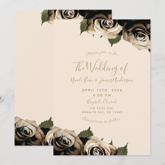 Gold Glam Floral Roses Elegant Ivory Chic Wedding Invitation (Front/Back)