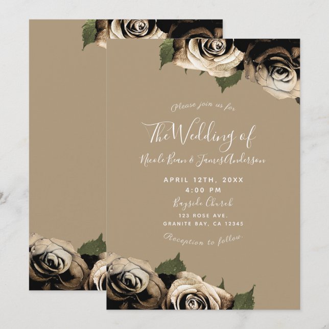 Gold Glam Floral Roses Elegant Tan Wedding Invitation (Front/Back)