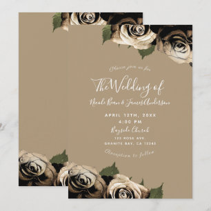Gold Glam Floral Roses Elegant Tan Wedding Invitation