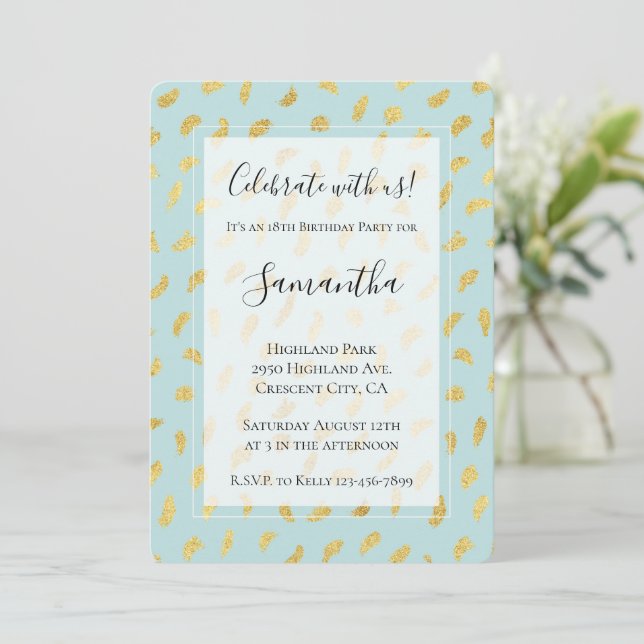 Gold Glam Girly Mint Abstract Birthday Invitation (Standing Front)