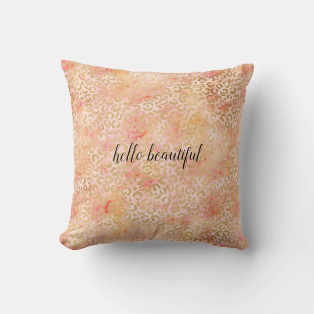 Gold Glam Girly Peach Pink Blush Leopard Print Cushion (Front)