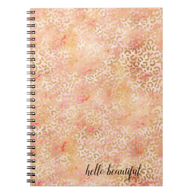 Gold Glam Girly Peach Pink Blush Leopard Print Notebook (Front)