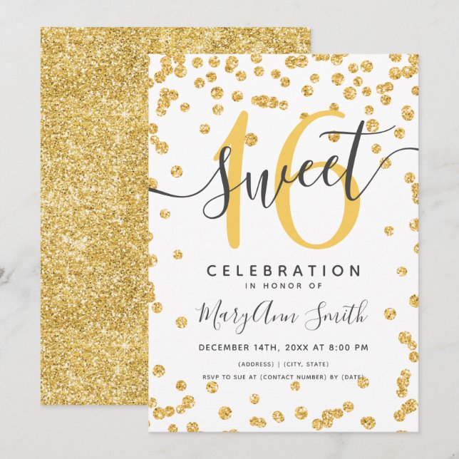 Gold Glam Glitter Confetti 16th Birthday  Invitation (Front/Back)