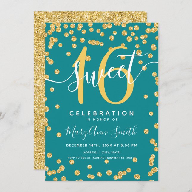 Gold Glam Glitter Confetti 16th Birthday Teal  Invitation (Front/Back)