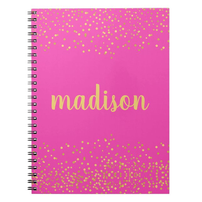 Gold Glam Glitter Confetti | Hot Pink Spiral Notebook (Front)