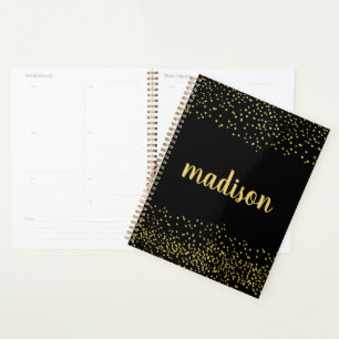 Gold Glam Glitter Confetti   Personalised Black Planner