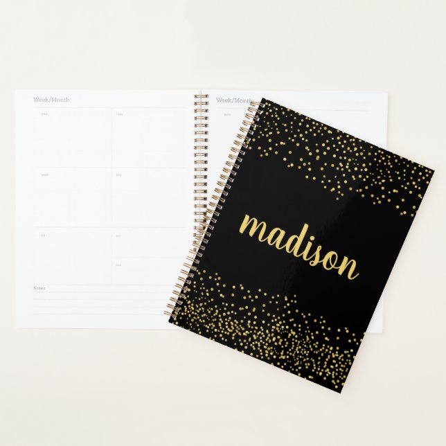 Gold Glam Glitter Confetti | Personalised Black Planner (Display)