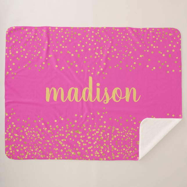Gold Glam Glitter Confetti | Personalised Pink Sherpa Blanket (Front (Horizontal))