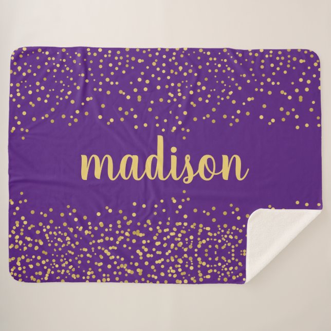 Gold Glam Glitter Confetti | Personalised Purple Sherpa Blanket (Front (Horizontal))