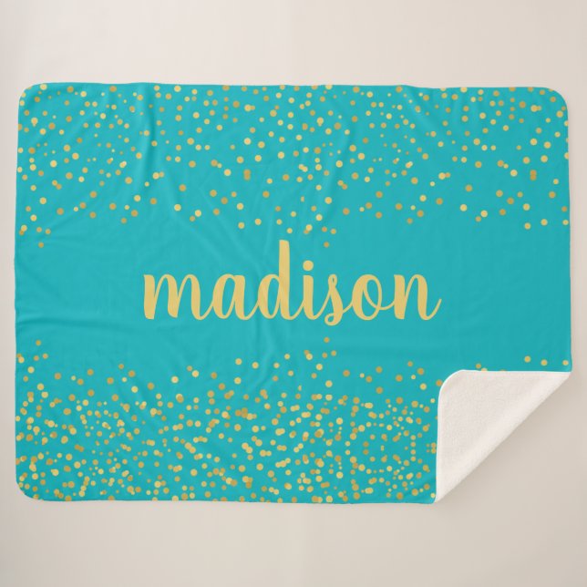 Gold Glam Glitter Confetti | Personalised Teal Sherpa Blanket (Front (Horizontal))