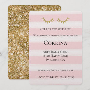 Gold Glam Glitter Eyelashes Stripes Birthday Invitation