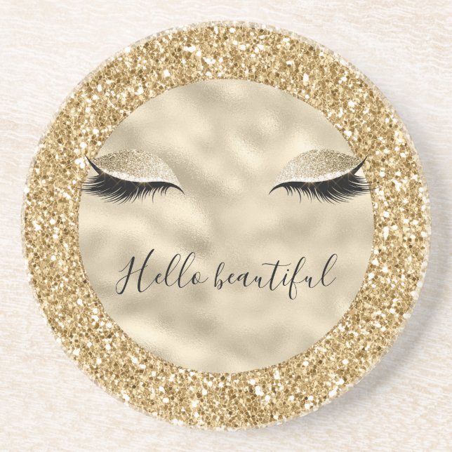 Gold Glam Glitter Girly Eyelashes personalized Coaster (Front)