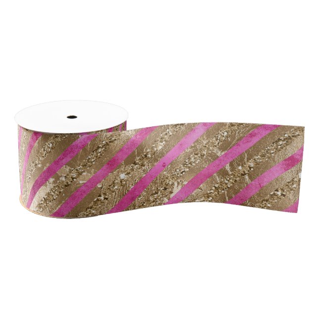 Gold Glam Glitter Girly Pink Stripes Grosgrain Ribbon (Spool)