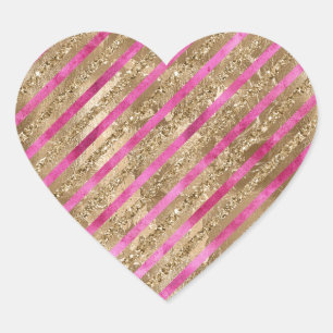 Gold Glam Glitter Girly Pink Stripes Heart Sticker