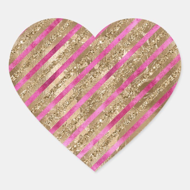 Gold Glam Glitter Girly Pink Stripes Heart Sticker (Front)
