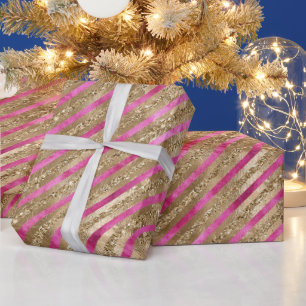 Gold Glam Glitter Girly Pink Stripes Wrapping Paper
