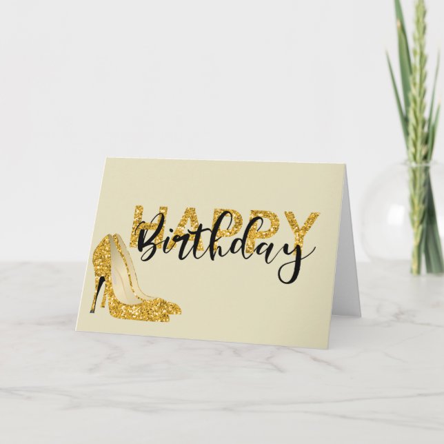 Gold Glam Glitter Happy Birthday Heels Card (Front)
