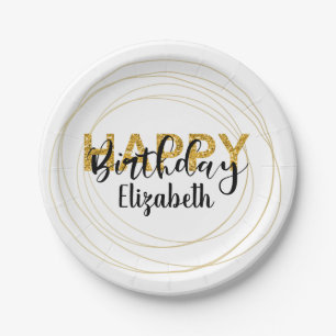 Gold Glam Glitter Happy Birthday Personalised Paper Plate