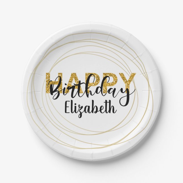 Gold Glam Glitter Happy Birthday Personalised Paper Plate (Front)