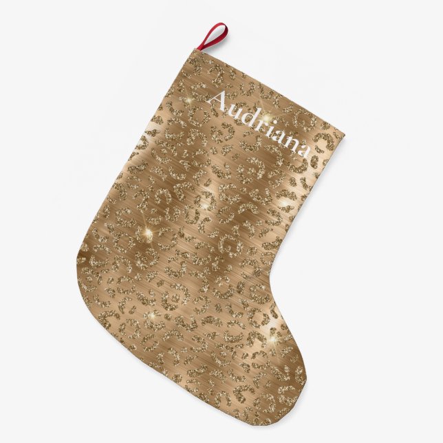 Gold Glam Glitter Leopard Print Large Christmas Stocking (Front (Hanging))