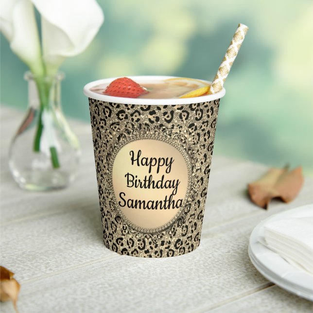 Gold Glam Glitter Leopard Print Paper Paper Cups (Insitu)