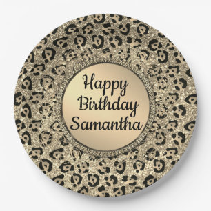 Gold Glam Glitter Leopard Print Paper Plate