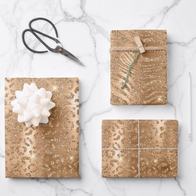 Gold Glam Glitter Leopard Print Wrapping Paper Sheet (Front)