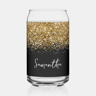 Gold Glam Glitter on Black Can Glass