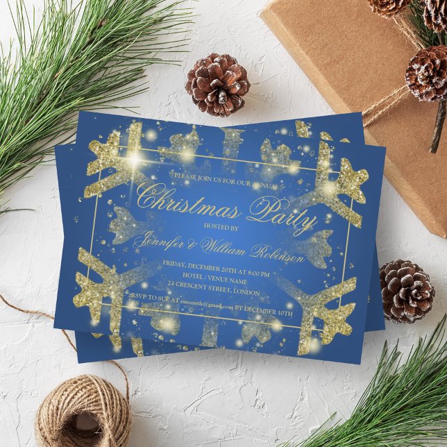 Gold Glam Glitter Snowflake Xmas Holiday Blue  Invitation (Gold Glam Glitter Snowflake Xmas Holiday Blue Invitation)