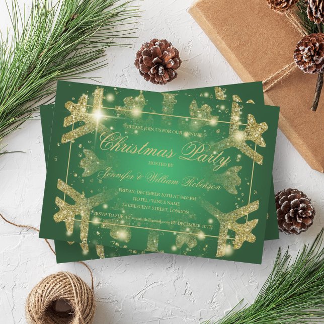 Gold Glam Glitter Snowflake Xmas Holiday Green Invitation (Gold Glam Glitter Snowflake Xmas Holiday Green Invitation)