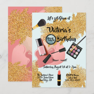 Gold Glam glitter Spa Birthday party Invitations