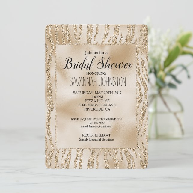 Gold Glam Glitter Zebra Animal Bridal Shower Invitation (Standing Front)