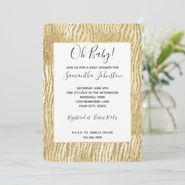 Gold Glam Glitter Zebra Print      Invitation (Standing Front)