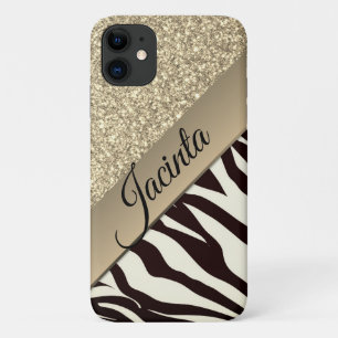  Gold Glam Glitter Zebra Print Personalised iPhone 11 Case
