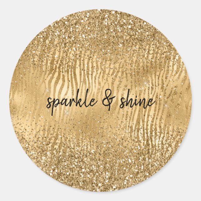 Gold Glam Glitz Zebra Print Faux Glitter Classic Round Sticker (Front)